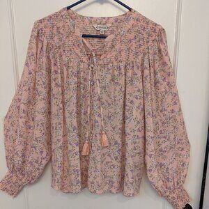 Vintage Nanette Lepore Pink Floral Womens Blouse Large Smocked Tassel Boho Y2K